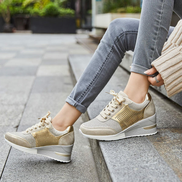 Gold High Heel Wedge Sneakers SM1-GOLD-6.5A Women Lace Up New