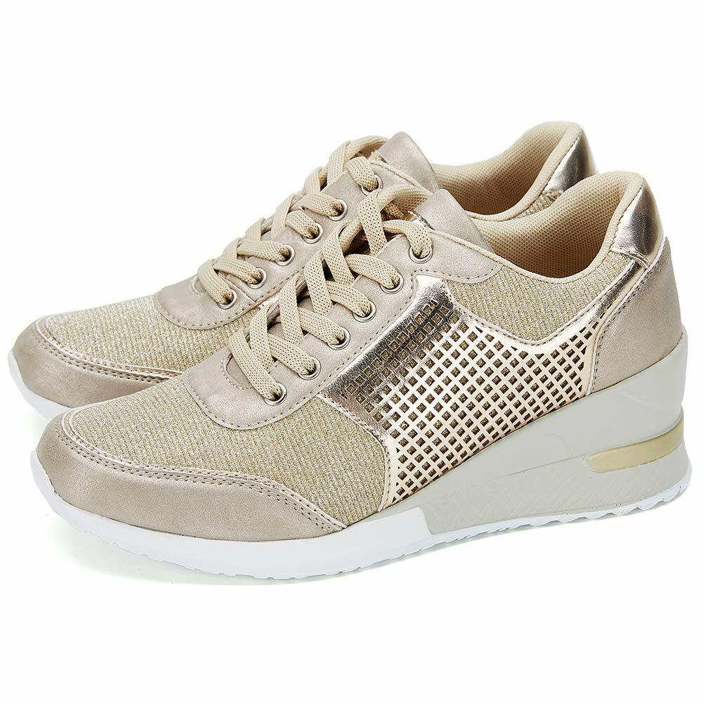 Gold High Heel Wedge Sneakers SM1-GOLD-6.5A Women Lace Up New