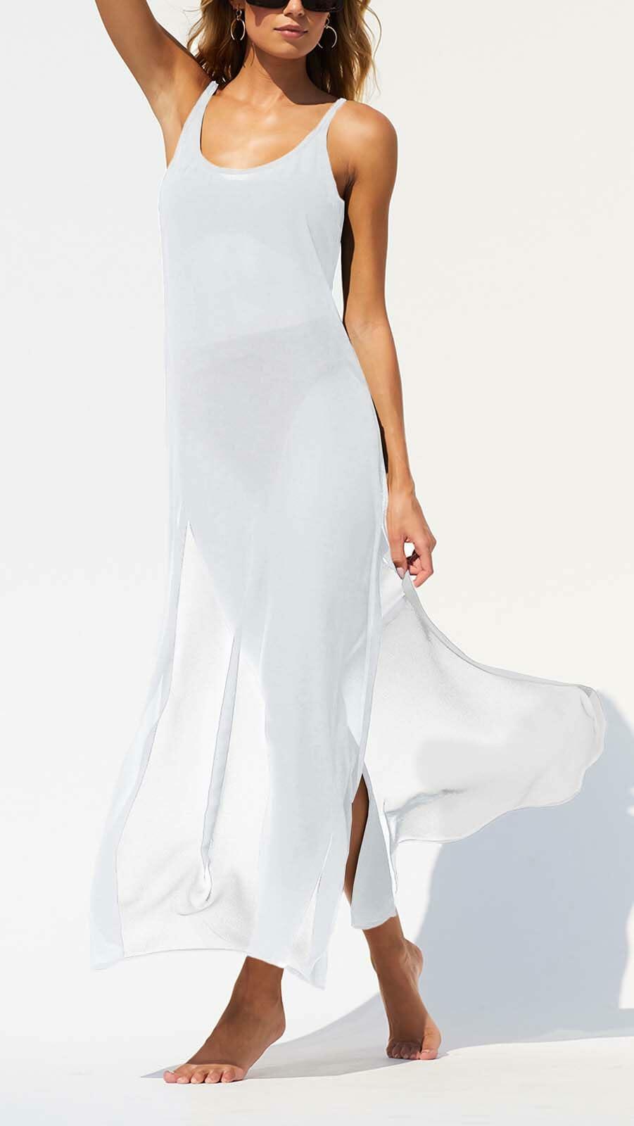 BWQ Women Bikini Coverup White Sheer Spaghetti Straps XXL Beach Dress