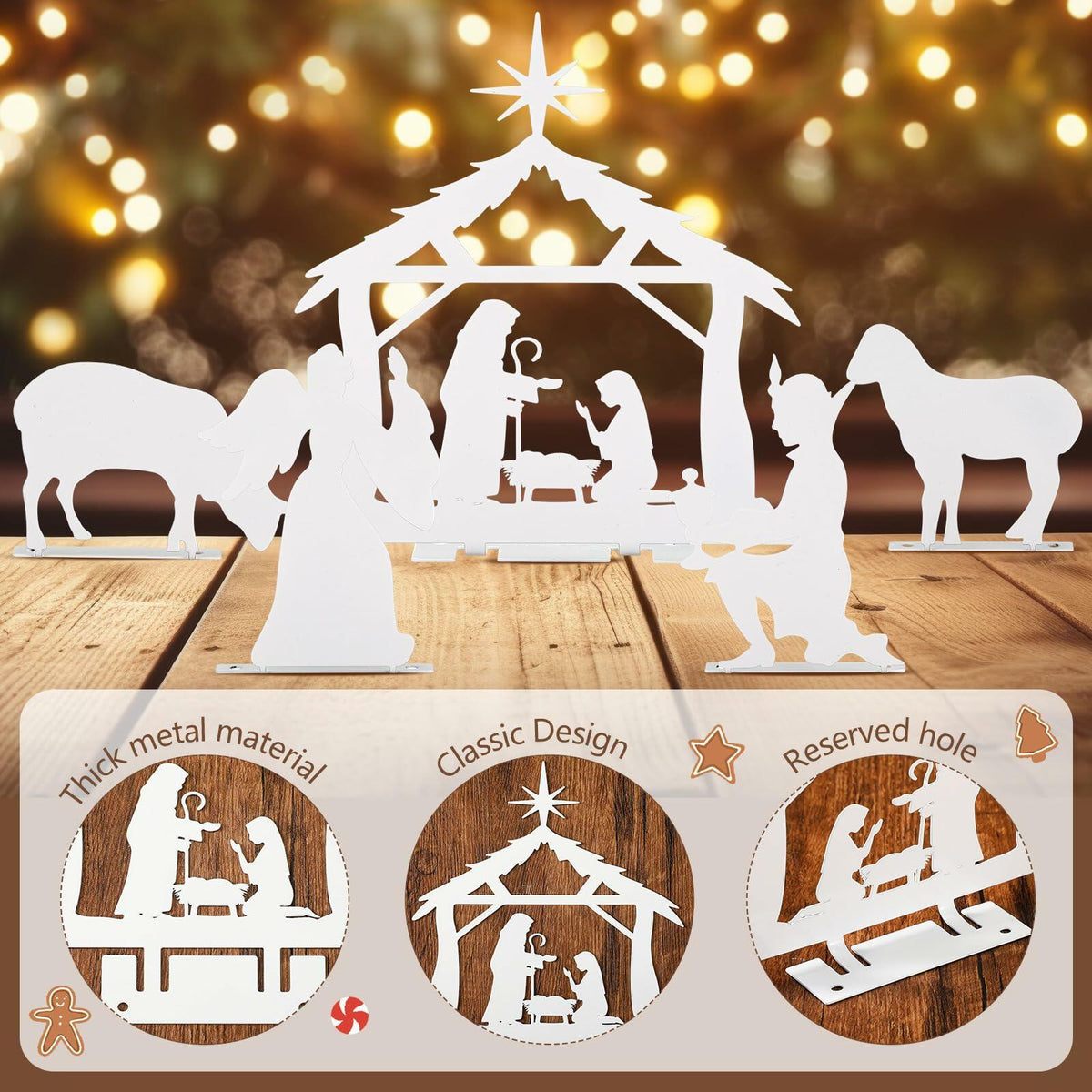 MorningRo White Metal Christmas Nativity Set 3 Pc Indoor Rustic Decor