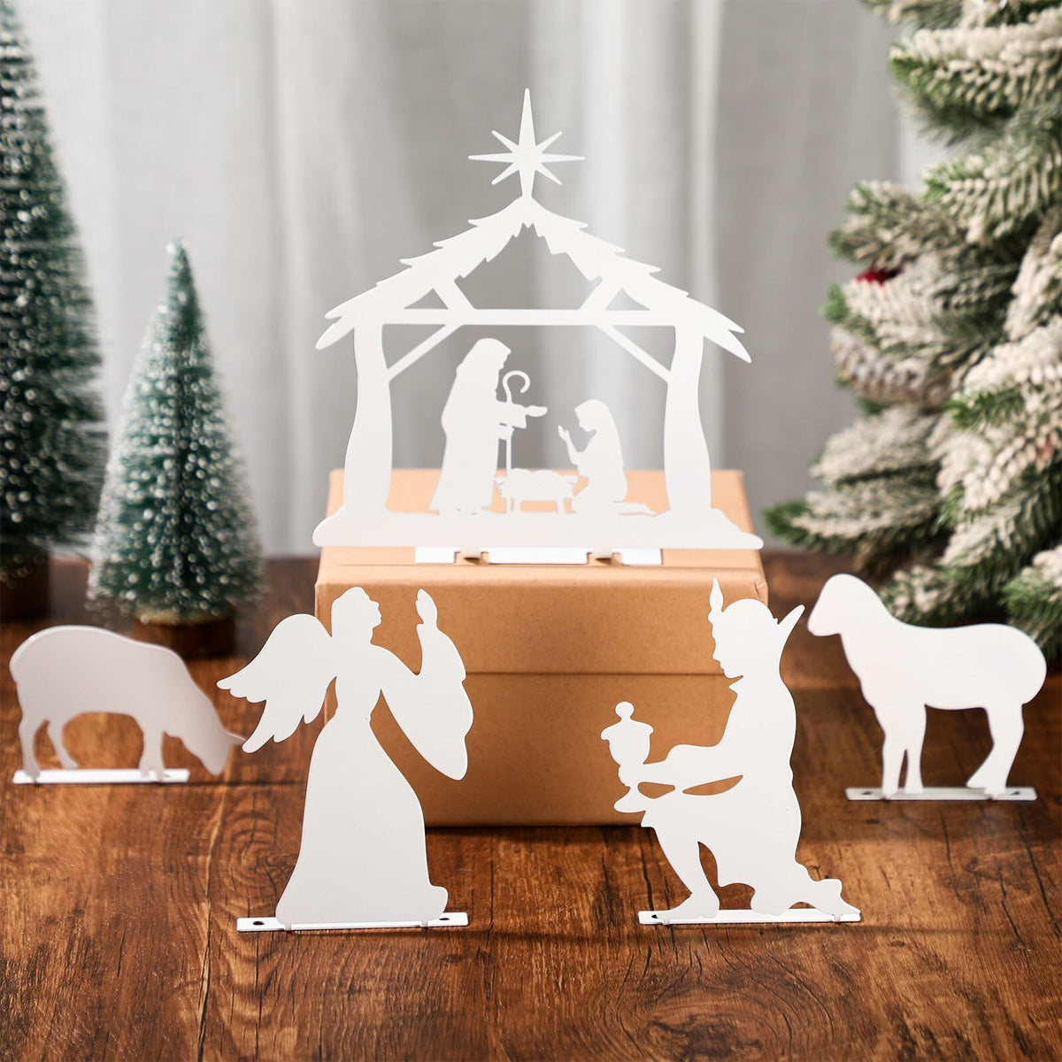 MorningRo White Metal Christmas Nativity Set 3 Pc Indoor Rustic Decor