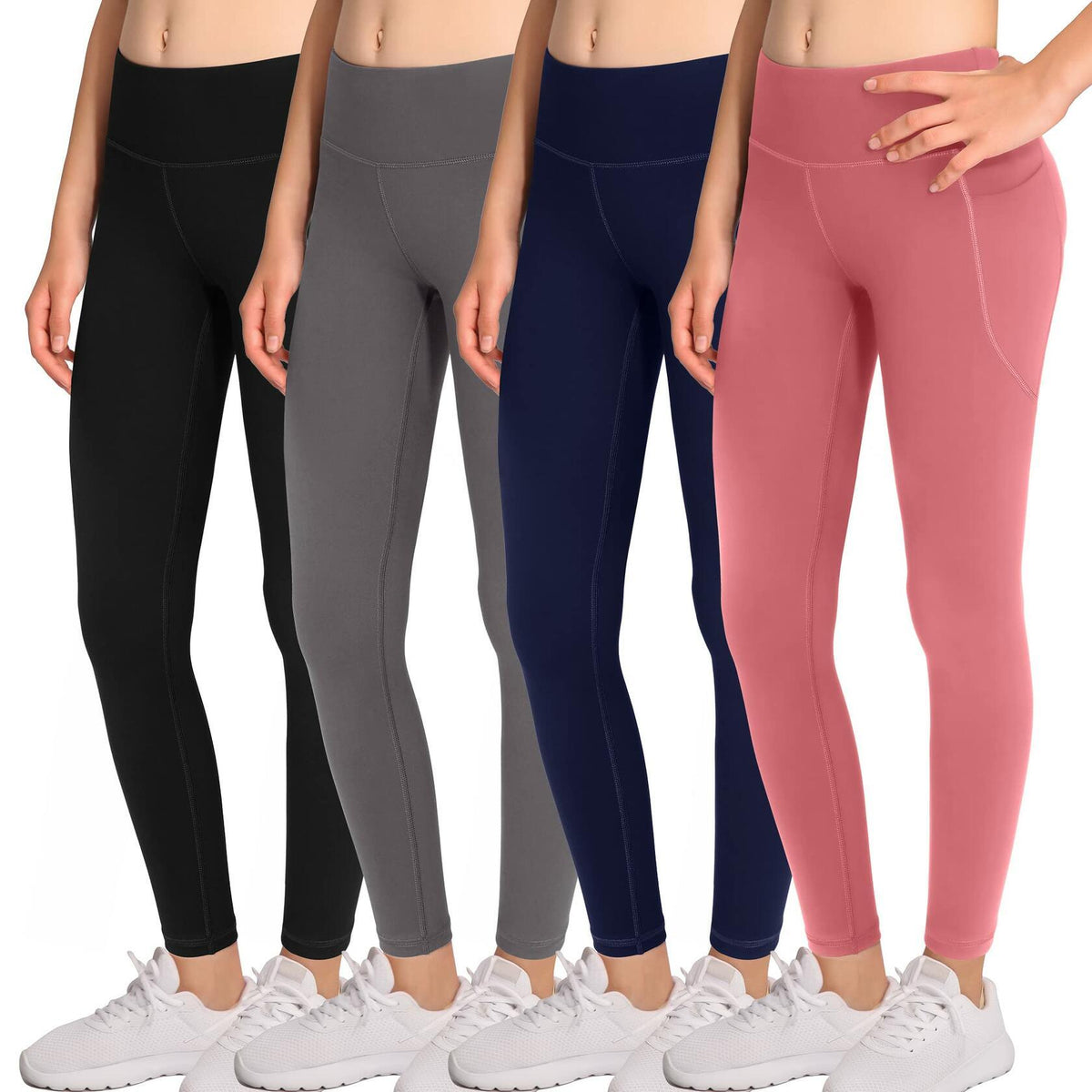BHRIWRPY 4-Pack Girls Yoga Leggings with 2 Pockets Kids Active Workout Pants