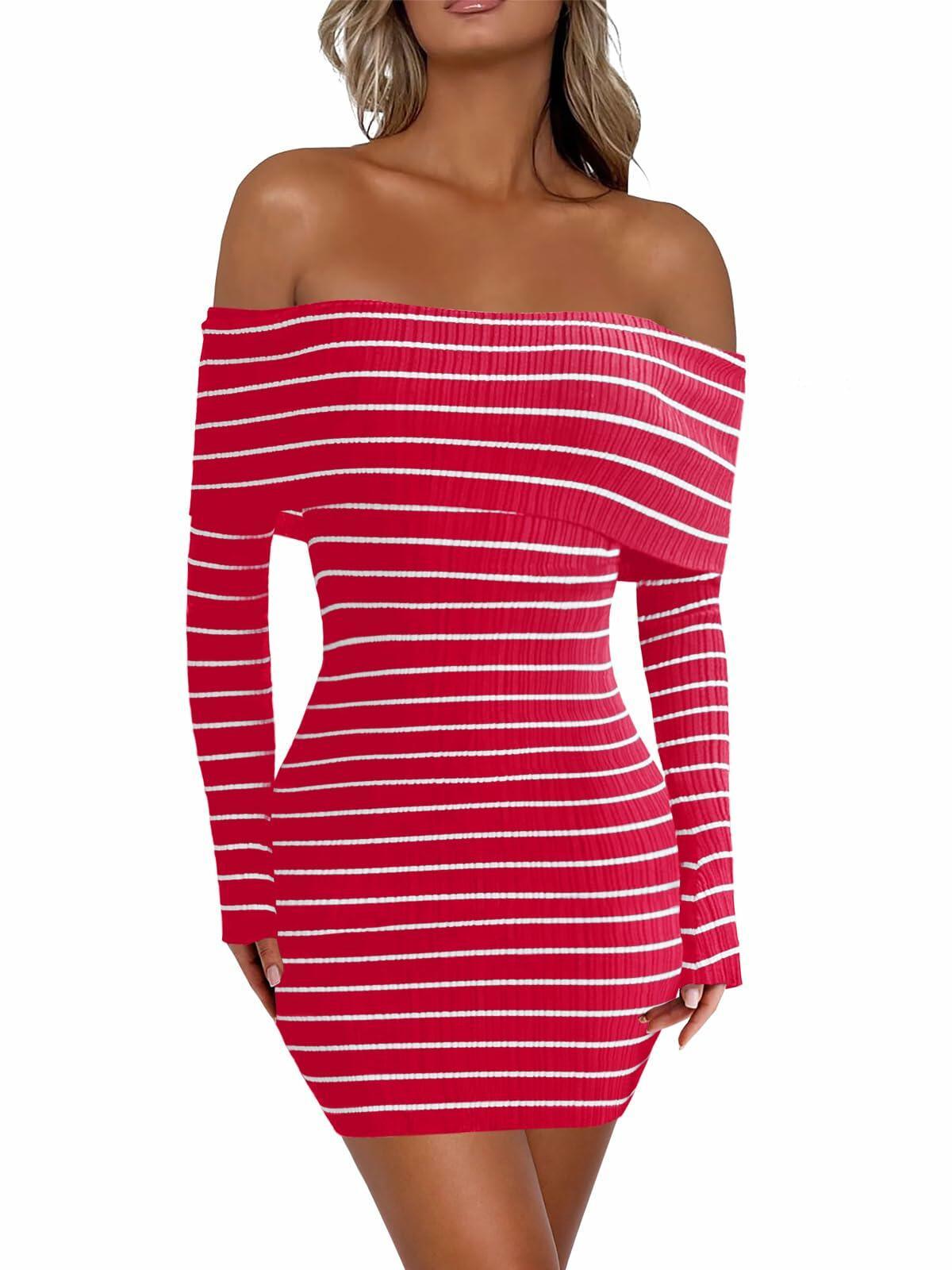 Wenrine Womens Off Shoulder Striped Knit Mini Dress Red Long Sleeve Size M