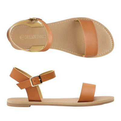 DREAM PAIRS Women's Ankle Strap Flat Sandals Open Toes Size 6.5 Tan HOBOO