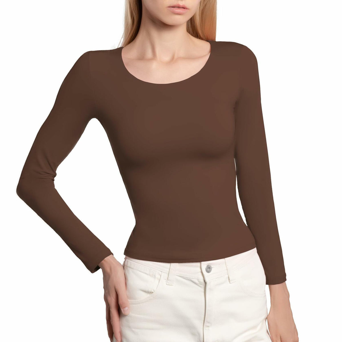 BRISIRA Women's Brown Long Sleeve Scoop Neck Crop Top Slim Fit Size S