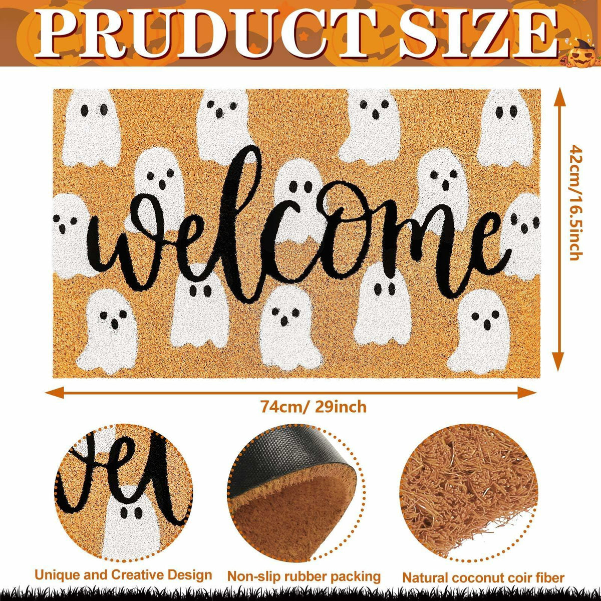 JarThenaAMCS Halloween Coir Doormat Cute Ghost Non-Slip 16.5x29 Inch