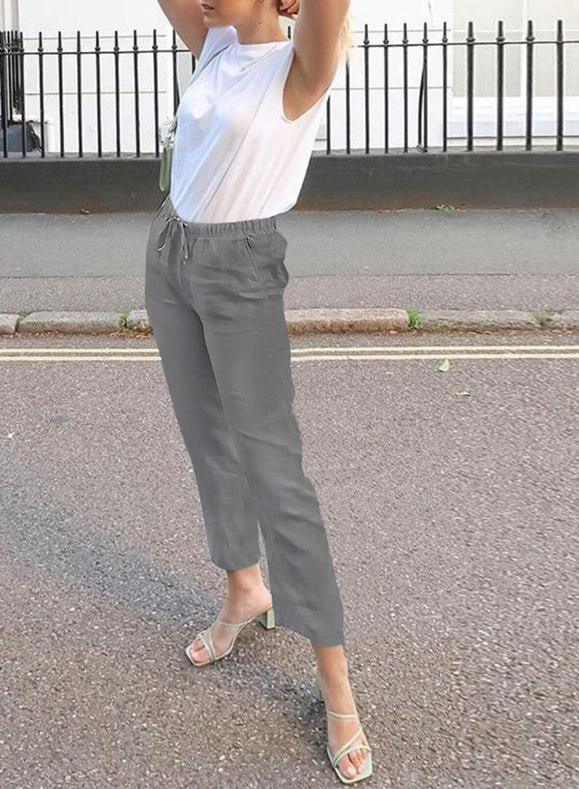 Acelitt Women's Gray High Waisted Casual Trousers Pants Large Pockets - Size L