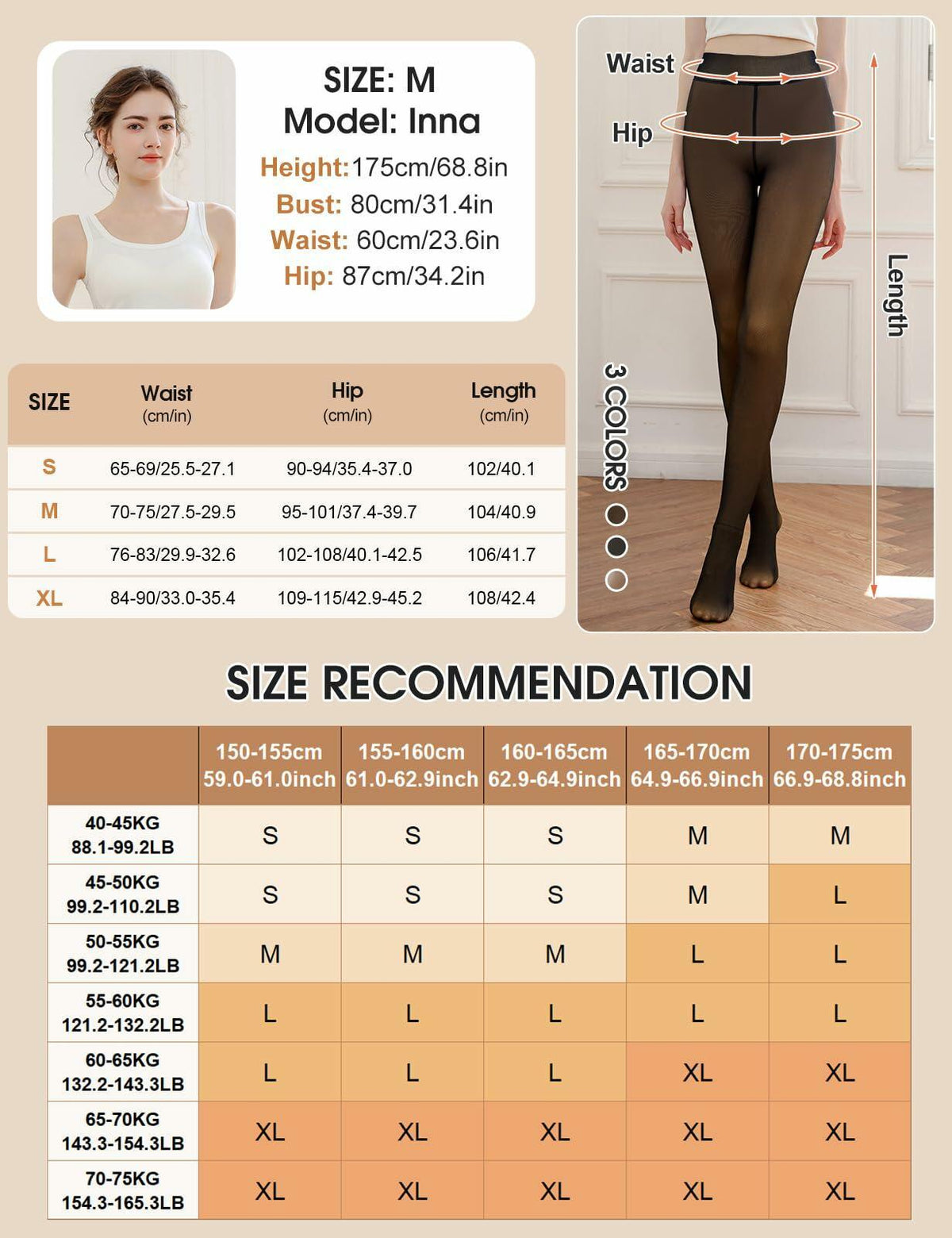 Yusongirl Women's Thermal Fleece Tights High Waist Black Size M