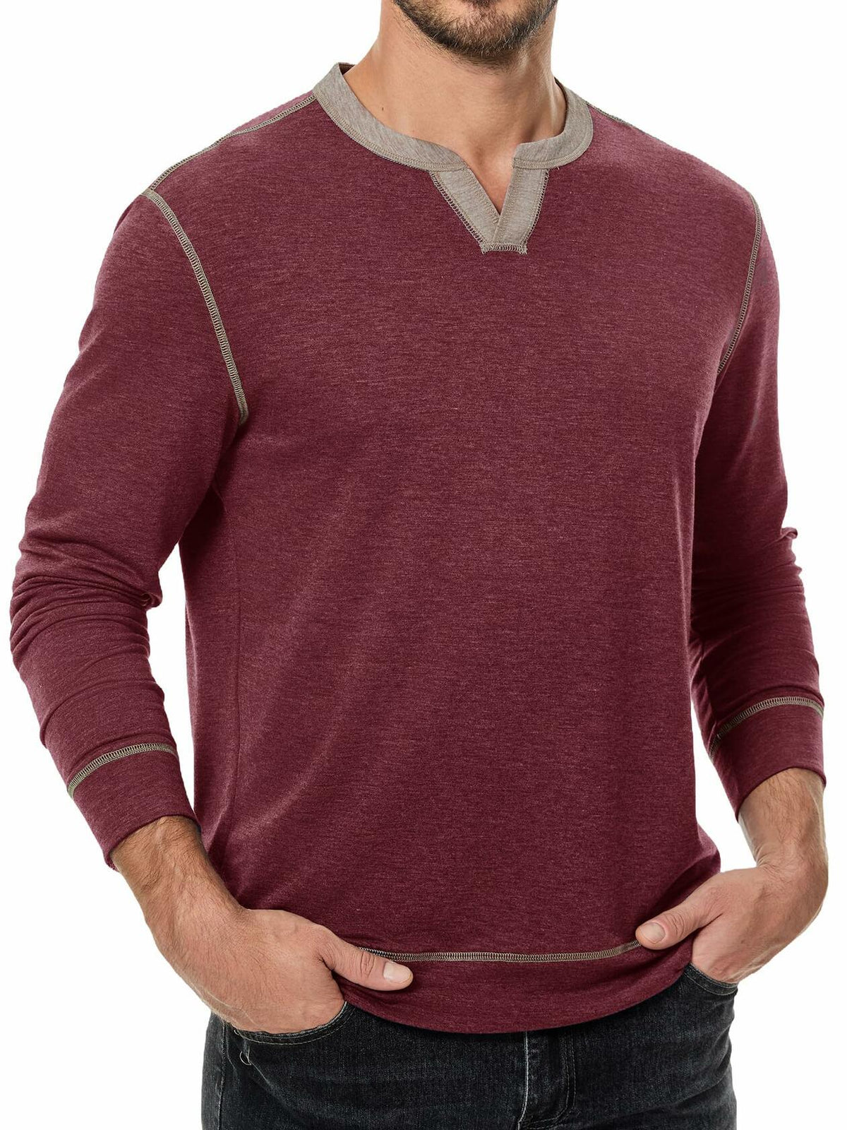 JMIERR Men's Henley Shirt Red Long Sleeve V Neck Lightweight Size 2XL