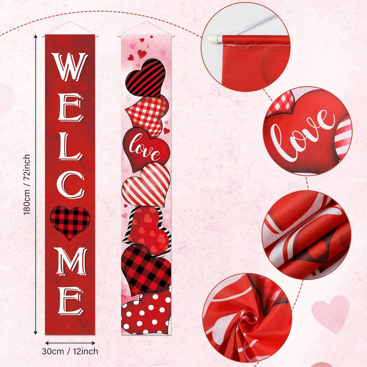 2 Pc Valentine Red Buffalo Plaid Door Banner Love Heart Decor Home