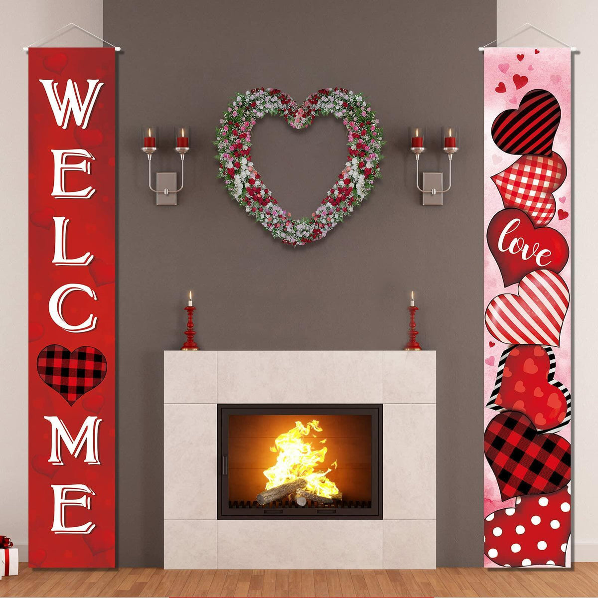 2 Pc Valentine Red Buffalo Plaid Door Banner Love Heart Decor Home