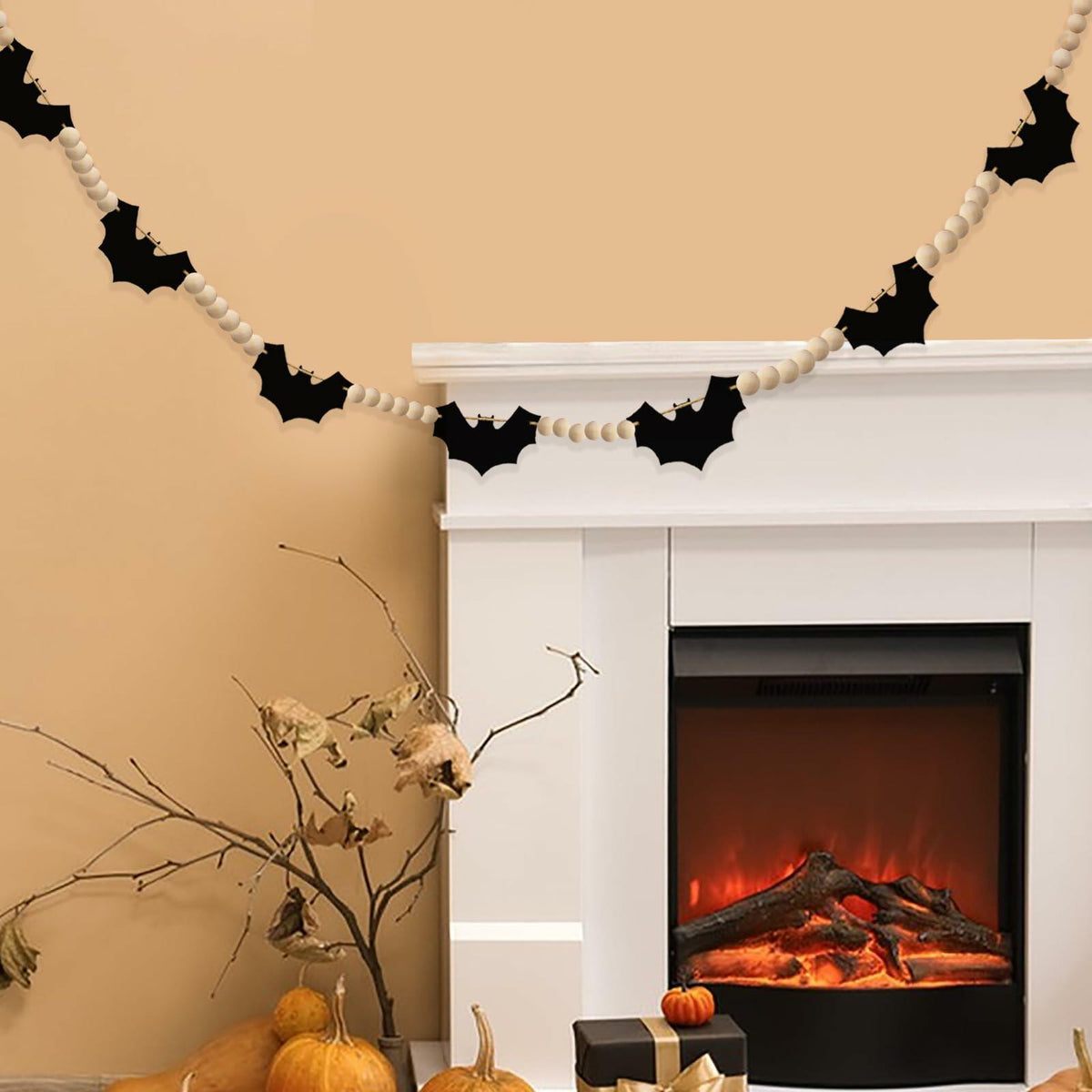 Gvhntk Black Felt Bats Garland Halloween Decor Indoor Banner Wood Beads