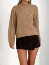 Openwork Round Neck Long Sleeve Sweater - Camel / L