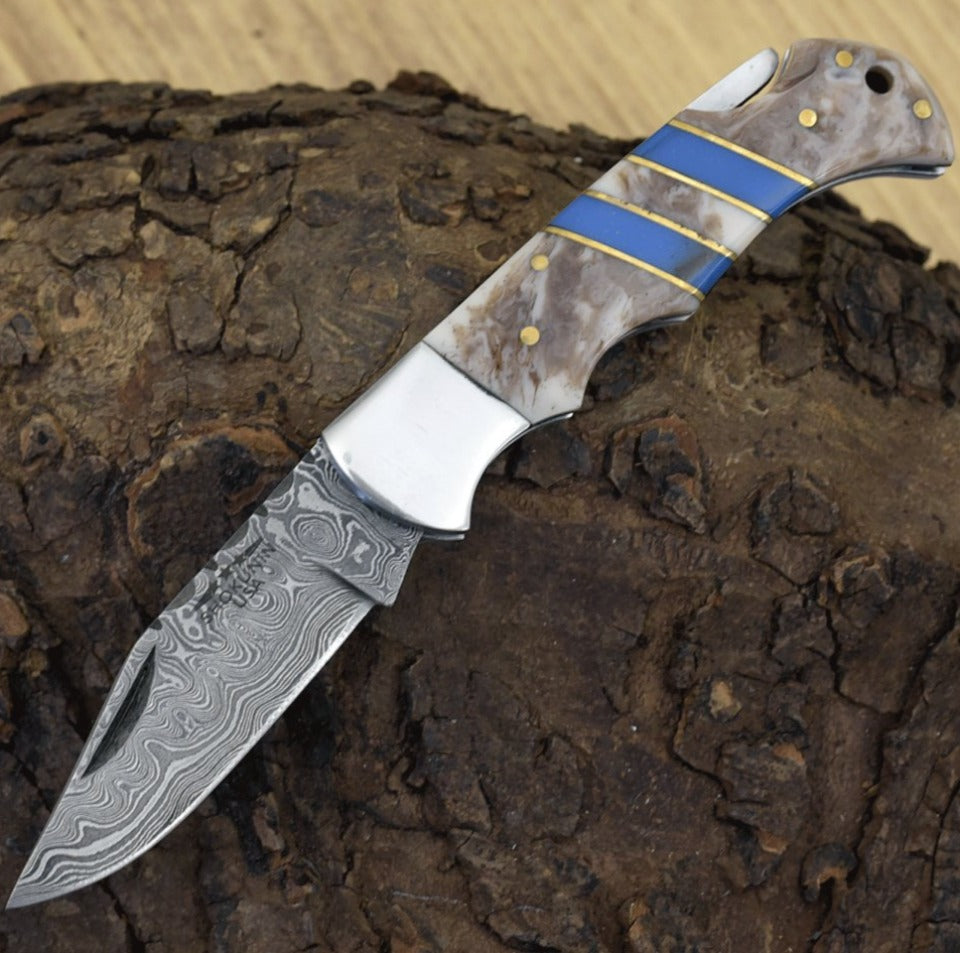 Orion Damascus Pocket Knife with Resin Handle