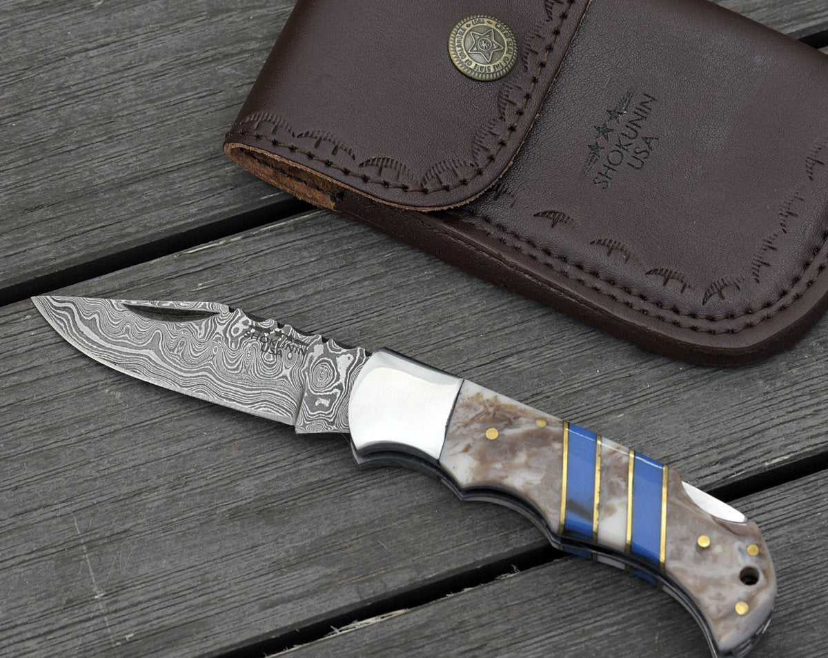 Orion Damascus Pocket Knife with Resin Handle