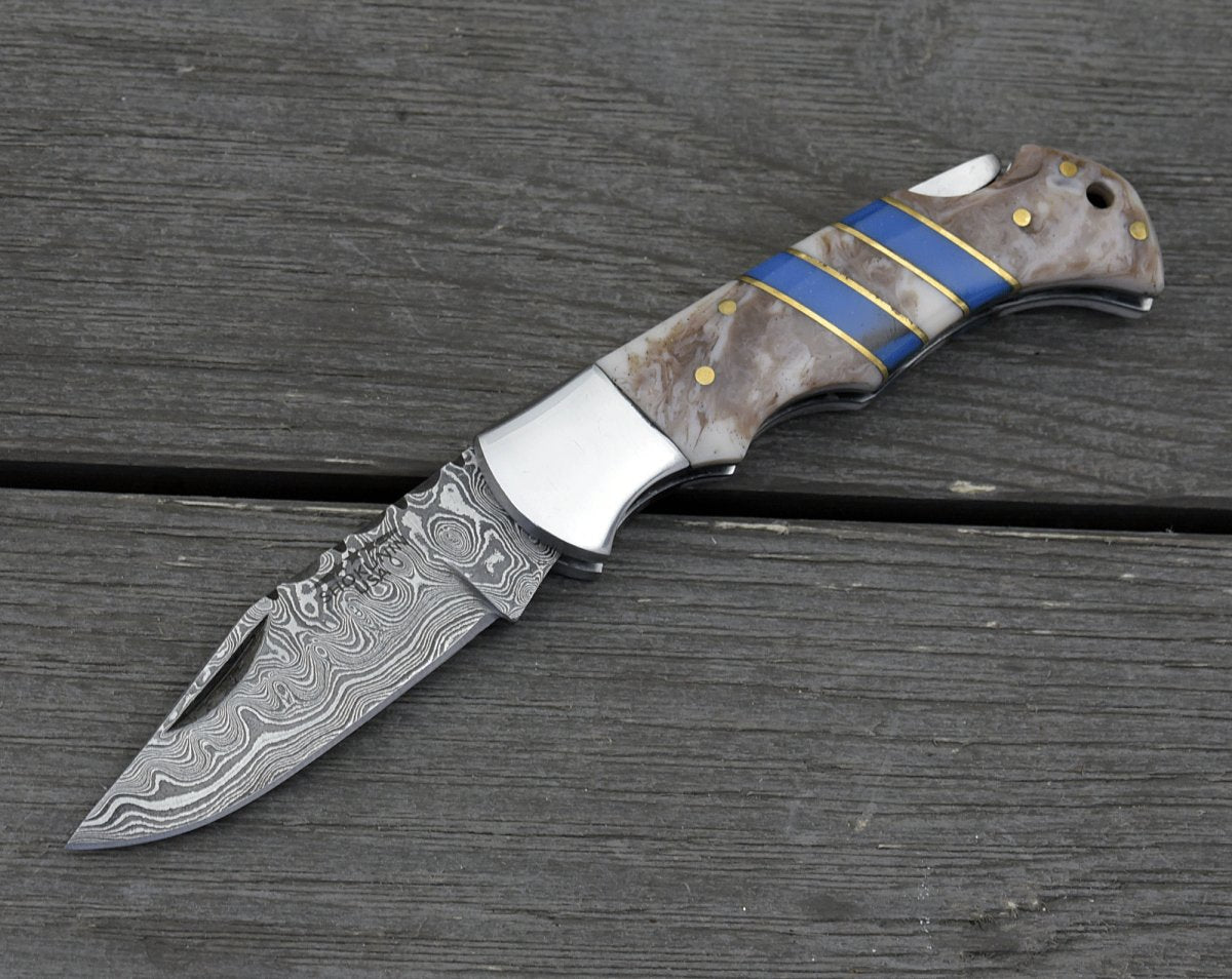Orion Damascus Pocket Knife with Resin Handle
