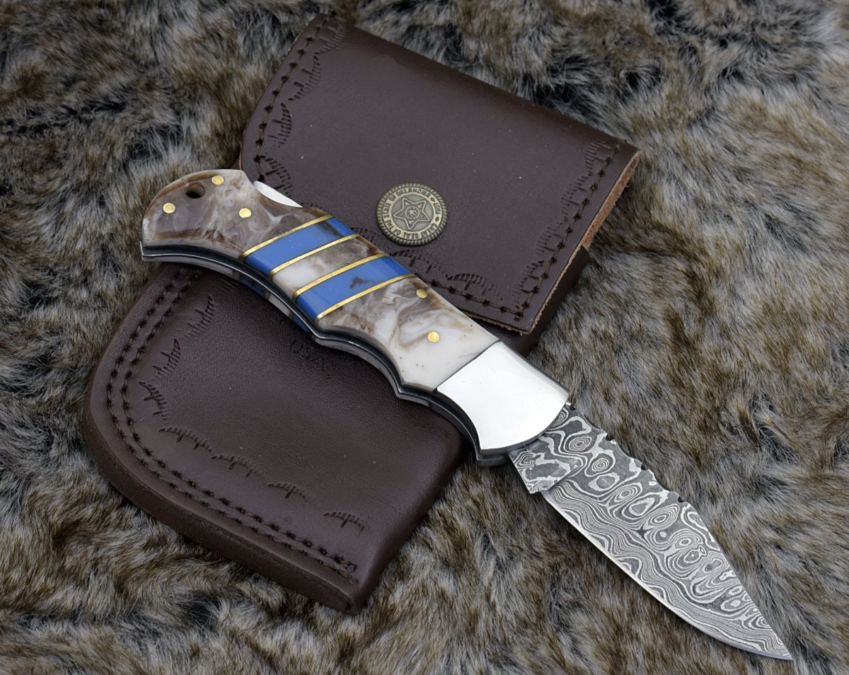 Orion Damascus Pocket Knife with Resin Handle