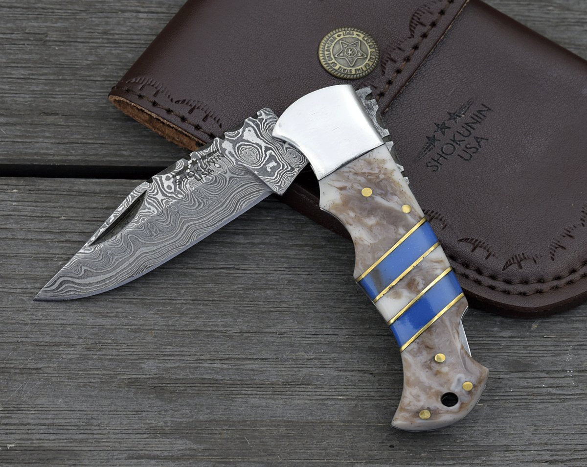 Orion Damascus Pocket Knife with Resin Handle