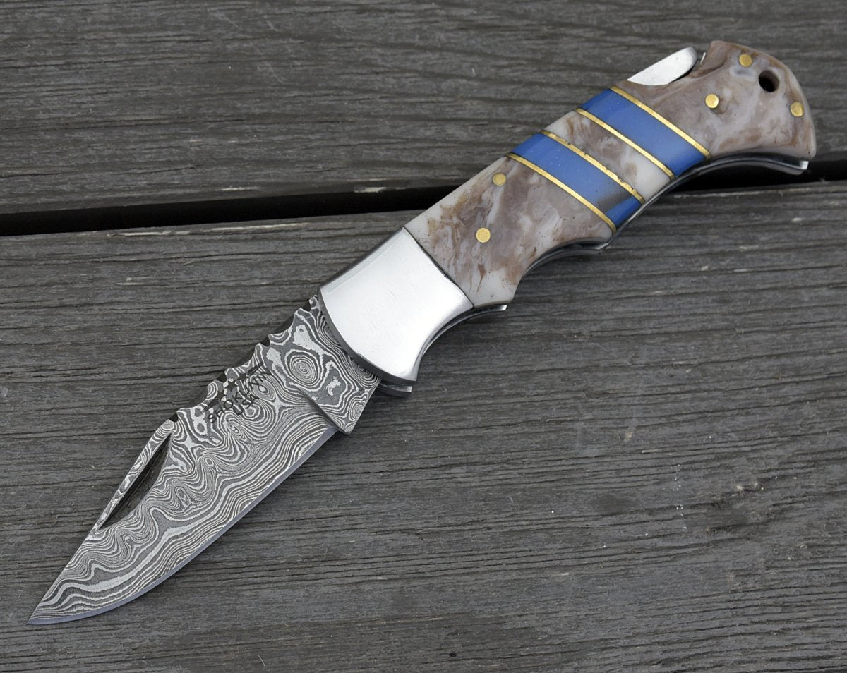 Orion Damascus Pocket Knife with Resin Handle