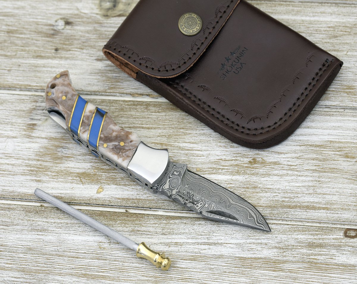 Orion Damascus Pocket Knife with Resin Handle
