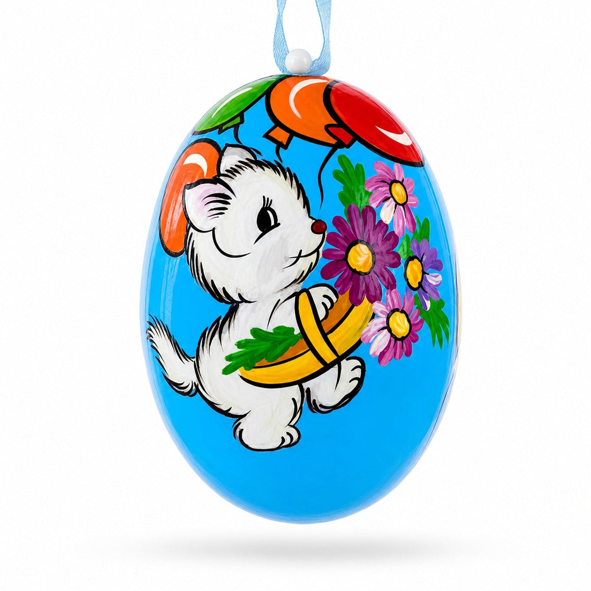 Cat with Balloon and Flowers Wooden Christmas Ornament 3 Inches