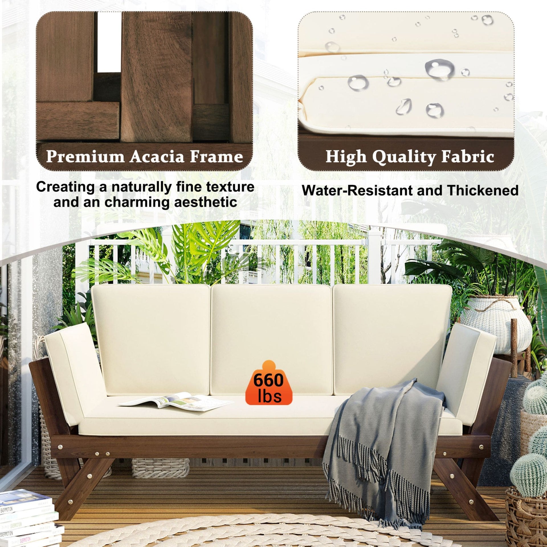 Outdoor Adjustable Wooden Patio Daybed Sofa With Cushions (SAK41345)