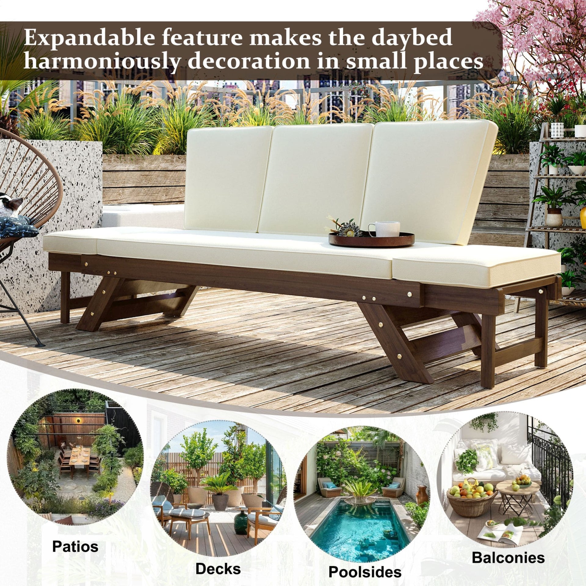 Outdoor Adjustable Wooden Patio Daybed Sofa With Cushions (SAK41345)