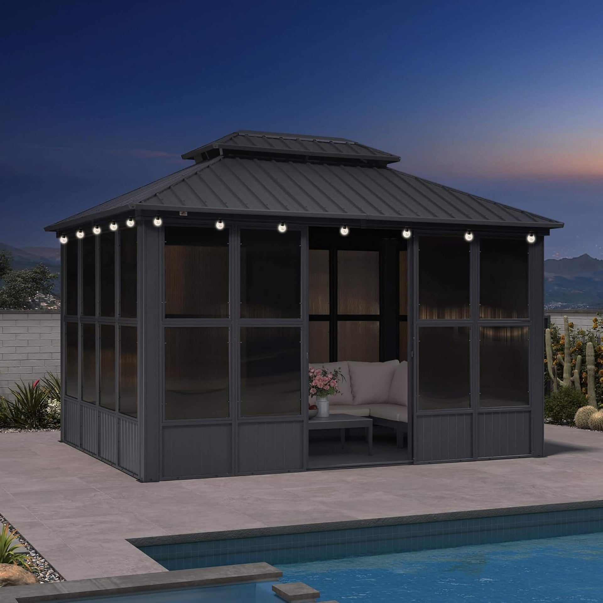 Vista Outdoor Hardtop Aluminum Solarium With Double Roof And LED Lights (SAK42086)