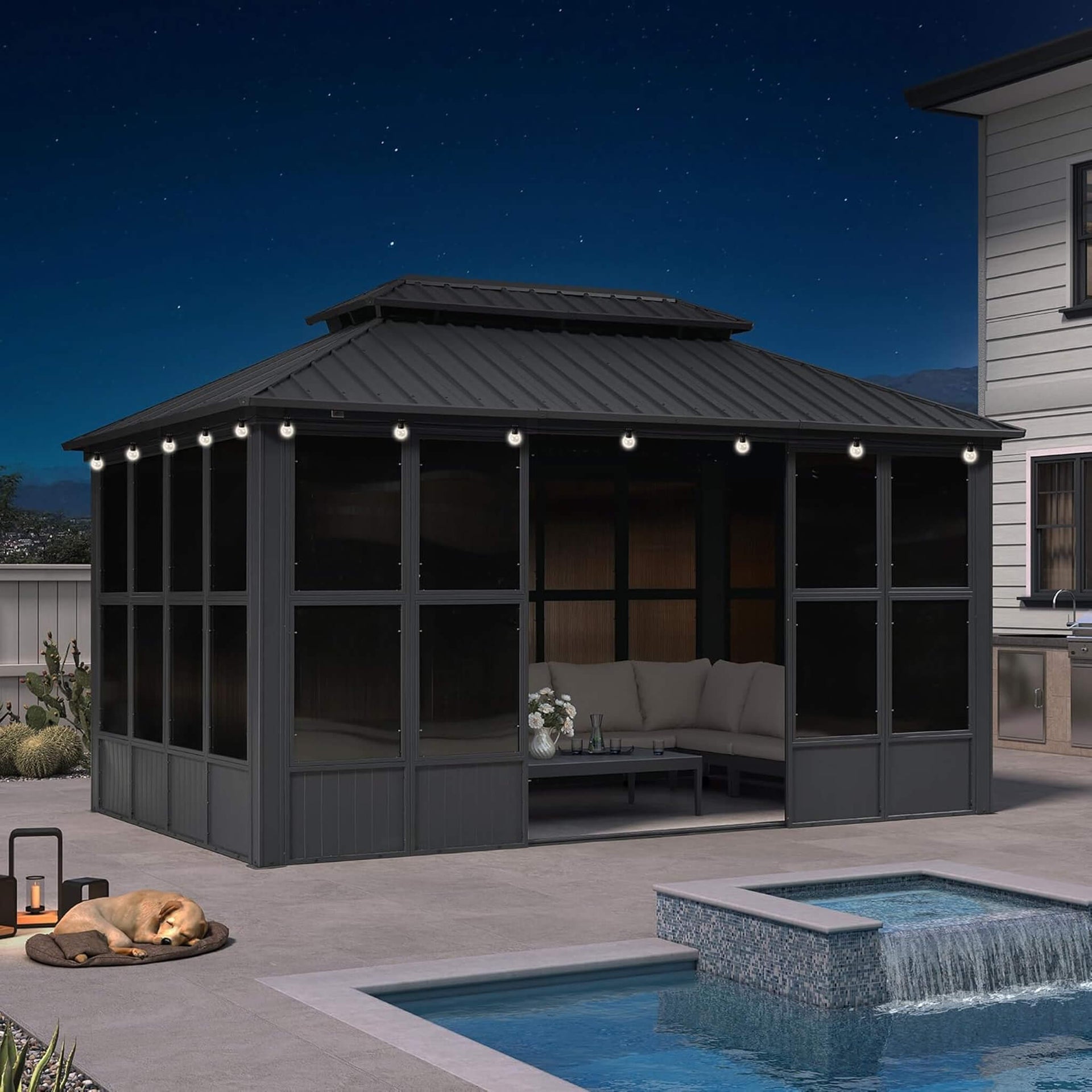 Vista Outdoor Hardtop Aluminum Solarium With Double Roof And LED Lights (SAK42086)