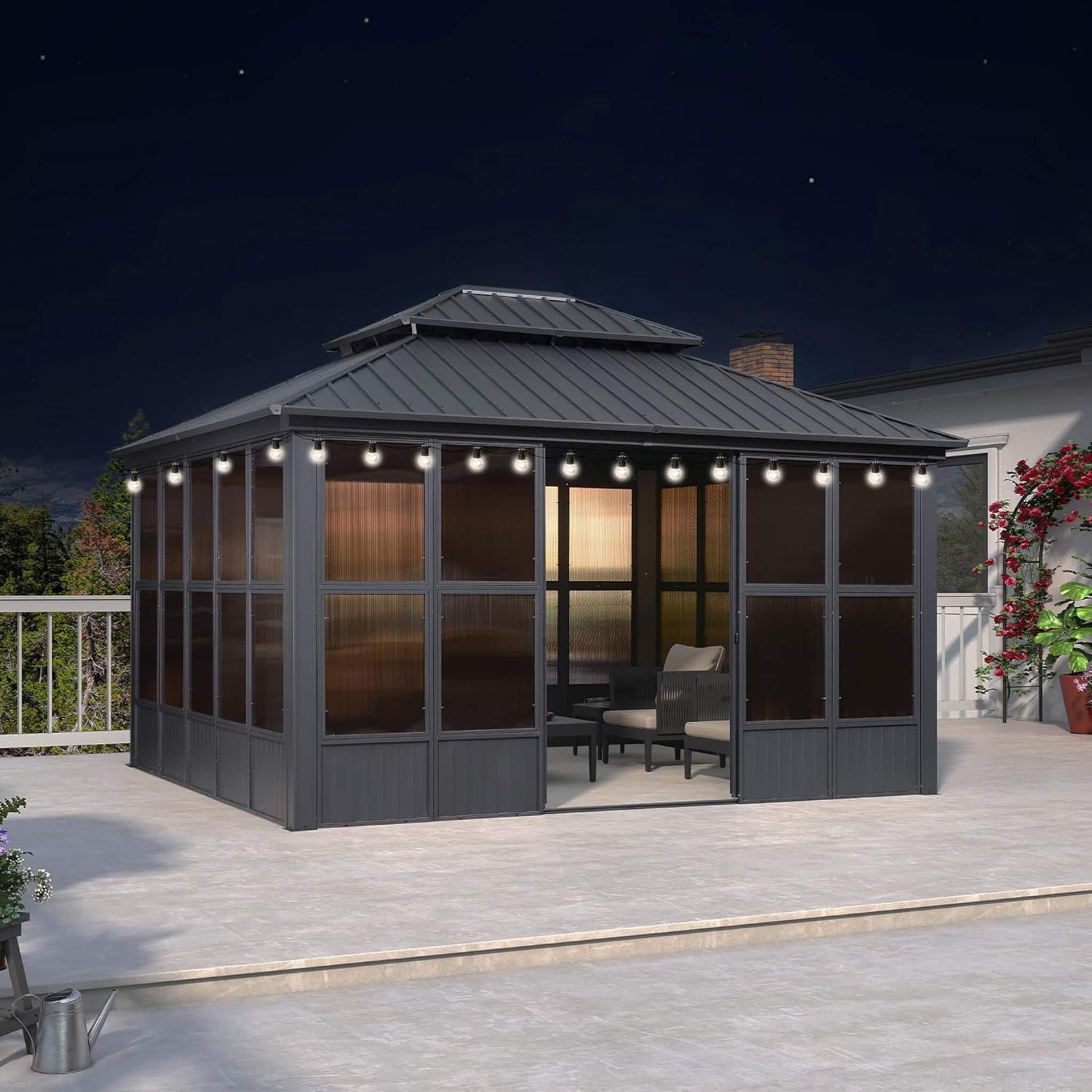 Vista Outdoor Hardtop Aluminum Solarium With Double Roof And LED Lights (SAK42086)