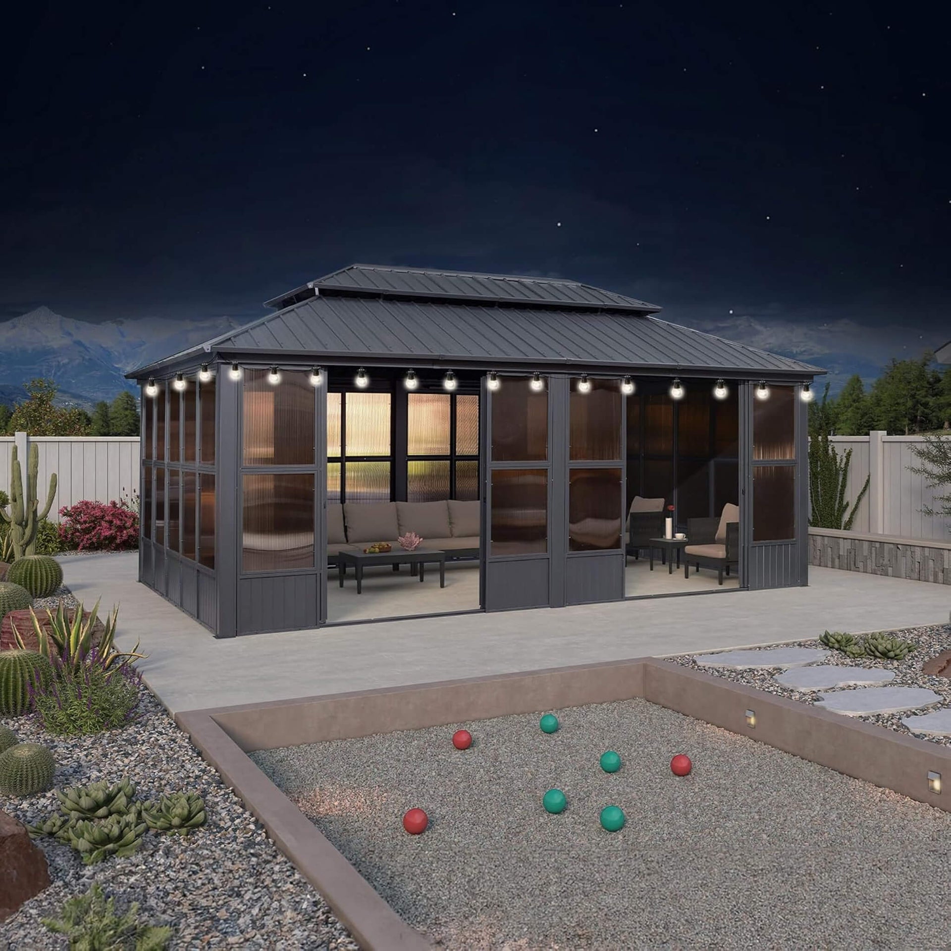 Vista Outdoor Hardtop Aluminum Solarium With Double Roof And LED Lights (SAK42086)