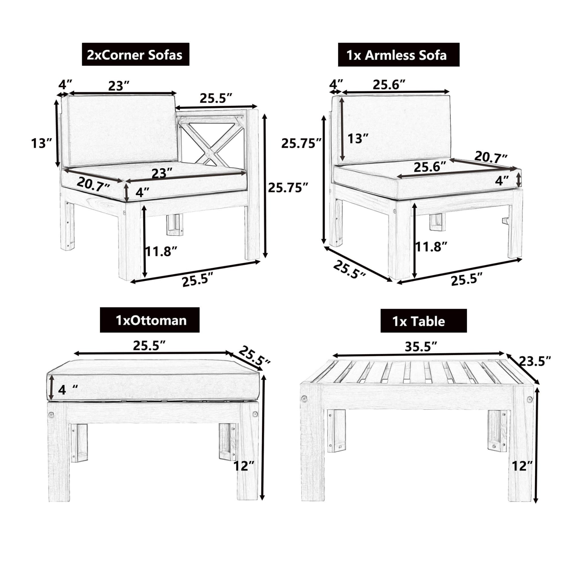 Alora 5-Piece Outdoor Patio Wood Sectional Sofa Set With Cushions (SAK31297)