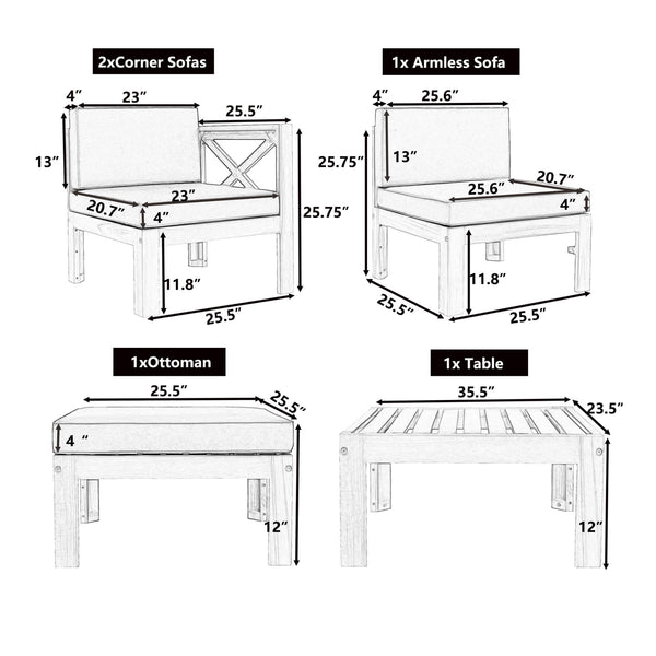 Alora 5-Piece Outdoor Patio Wood Sectional Sofa Set With Cushions (SAK31297)