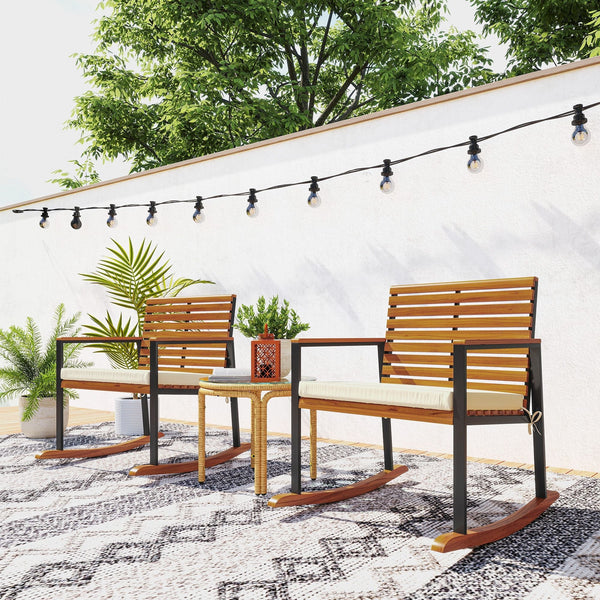 Acacia Wood Outdoor Lawn Rocking Chair Set of 2, Outdoor Patio Rocking Chairs with Armrests, Cushion, Cream White