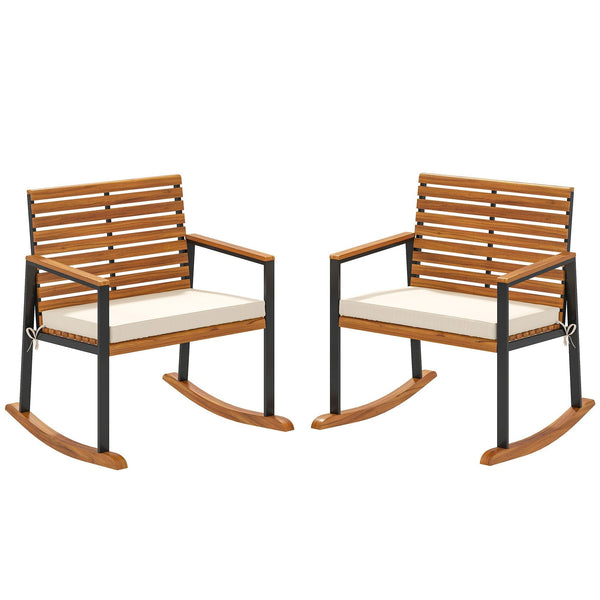 Acacia Wood Outdoor Lawn Rocking Chair Set of 2, Outdoor Patio Rocking Chairs with Armrests, Cushion, Cream White