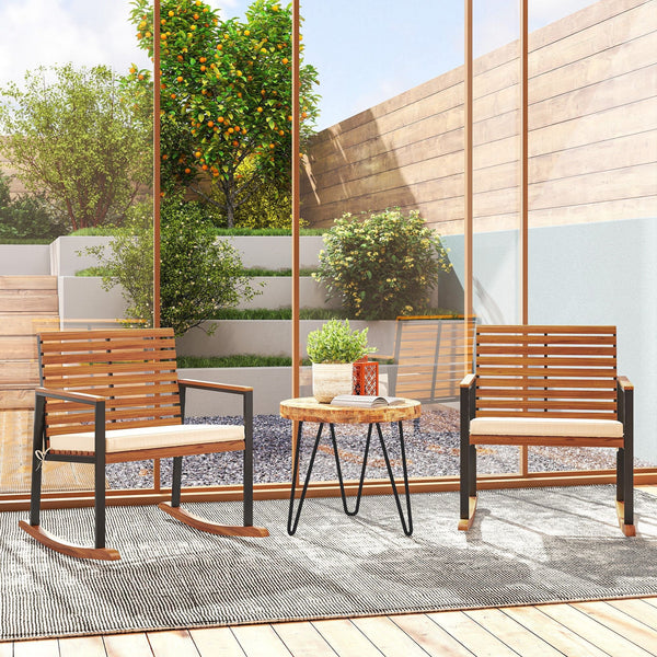 Acacia Wood Outdoor Lawn Rocking Chair Set of 2, Outdoor Patio Rocking Chairs with Armrests, Cushion, Cream White