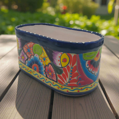 Oval Blue Rim Talavera Planter | Handcrafted Mexican Pot