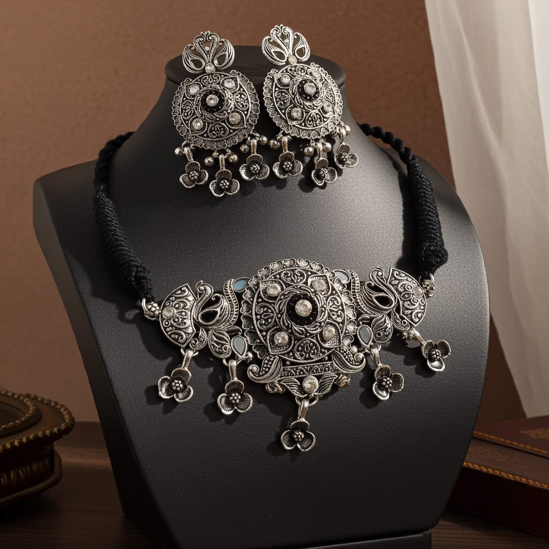 Bohemian Oxidized Choker with Black Flower Charms - Gift for Her LeDeSaRa Lifestyle