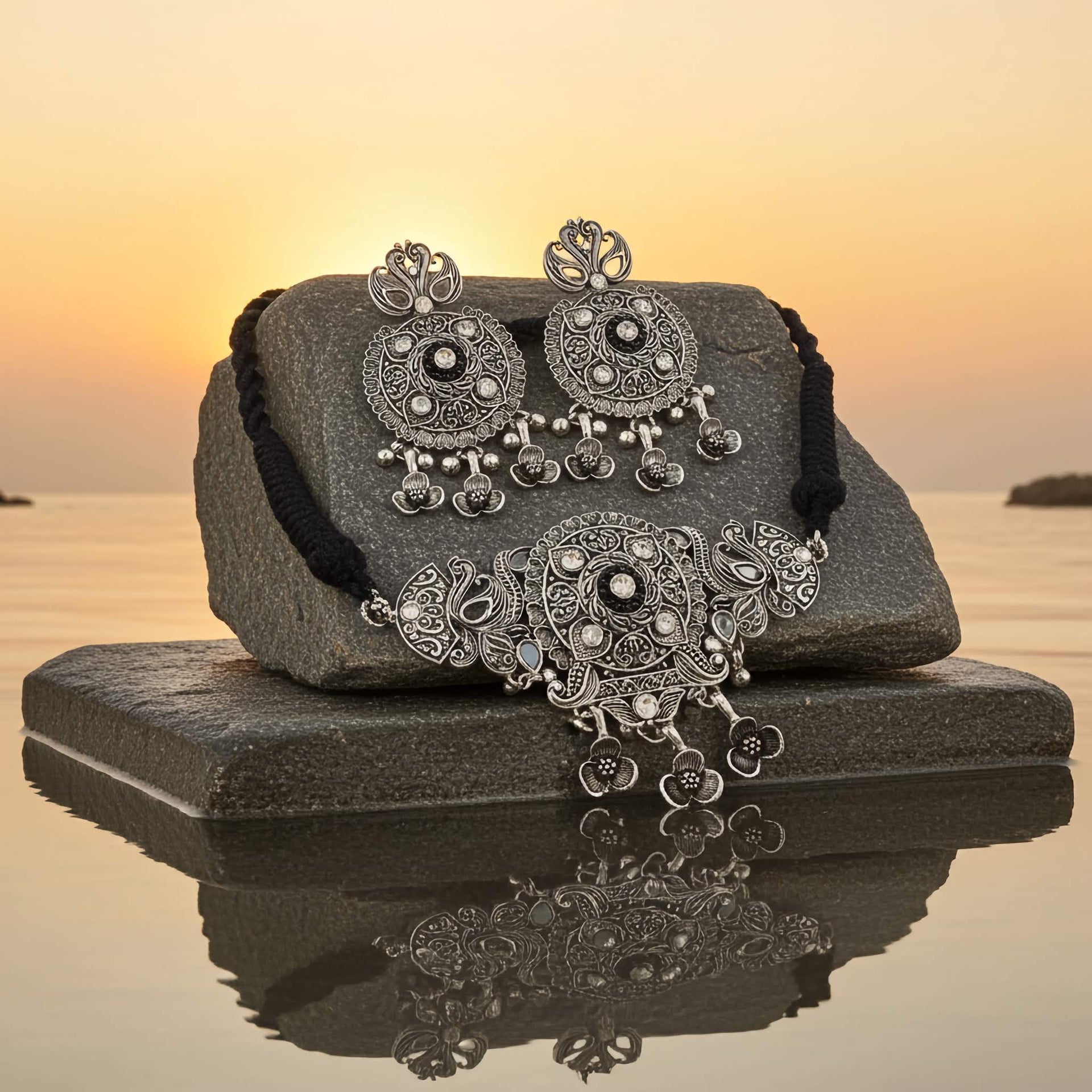 Bohemian Oxidized Choker with Black Flower Charms - Gift for Her LeDeSaRa Lifestyle