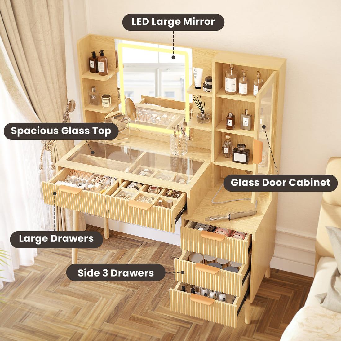 Pamapic Girls Vanity Desk with Mirror & 5 Drawers, Natural Oak
