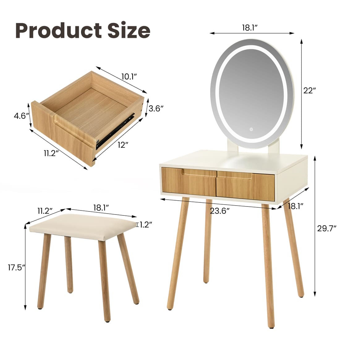 Small Makeup Vanity Table with Round LED Mirror and Stool