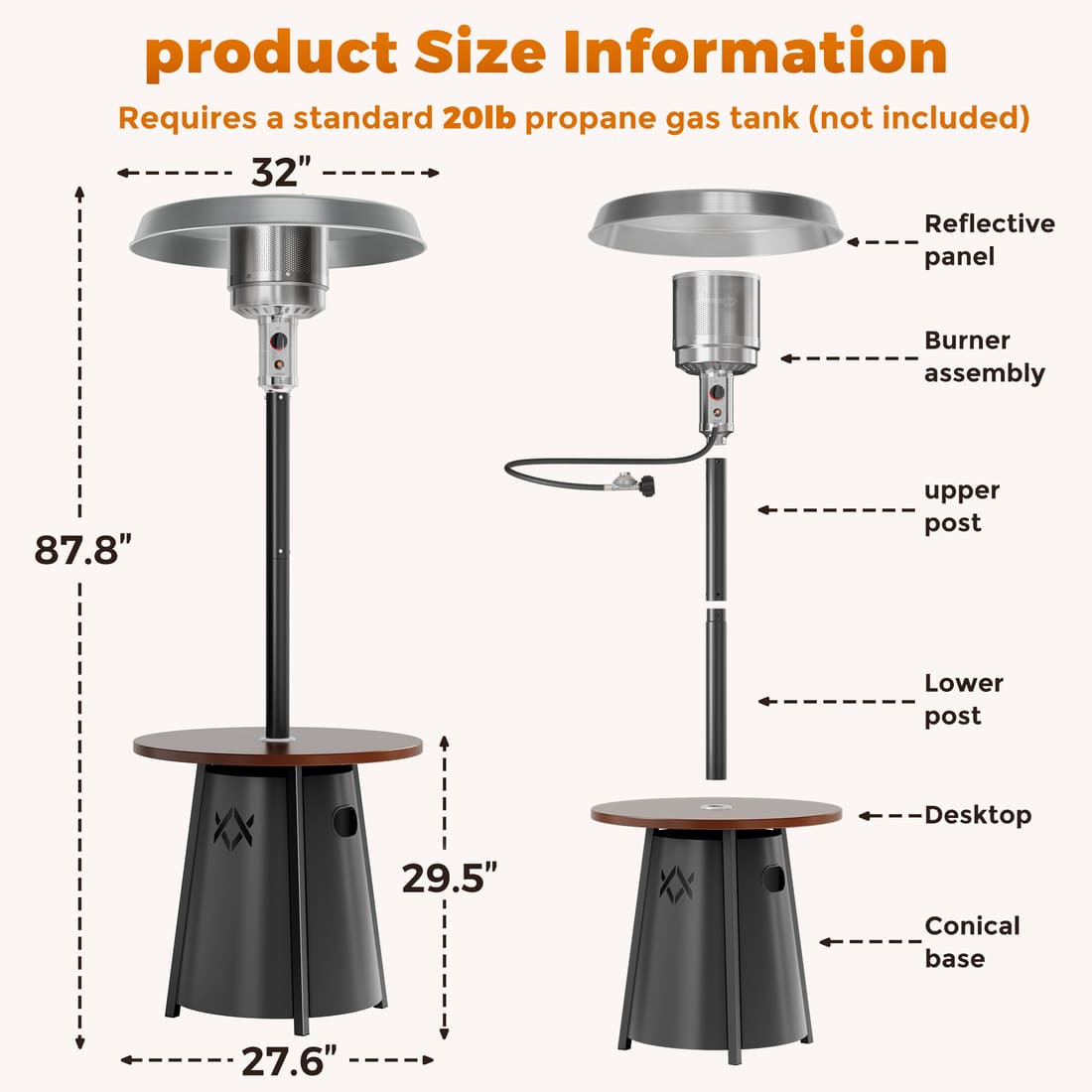 Pyra Propane Patio Heater 50,000 BTU, Round Table, CSA Certified
