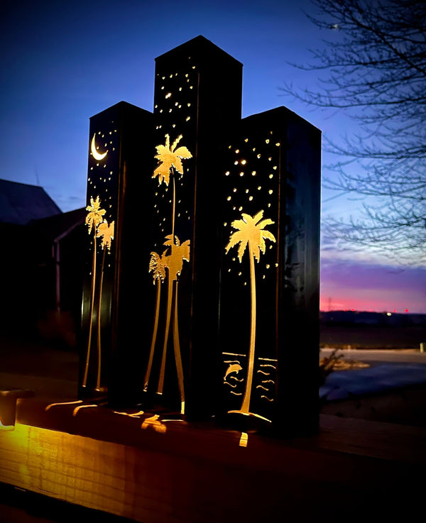 Palm Trees Under the Stars Luminary Pillars w/ Solar Cap | 12-inch, 14-inch, 16-inch