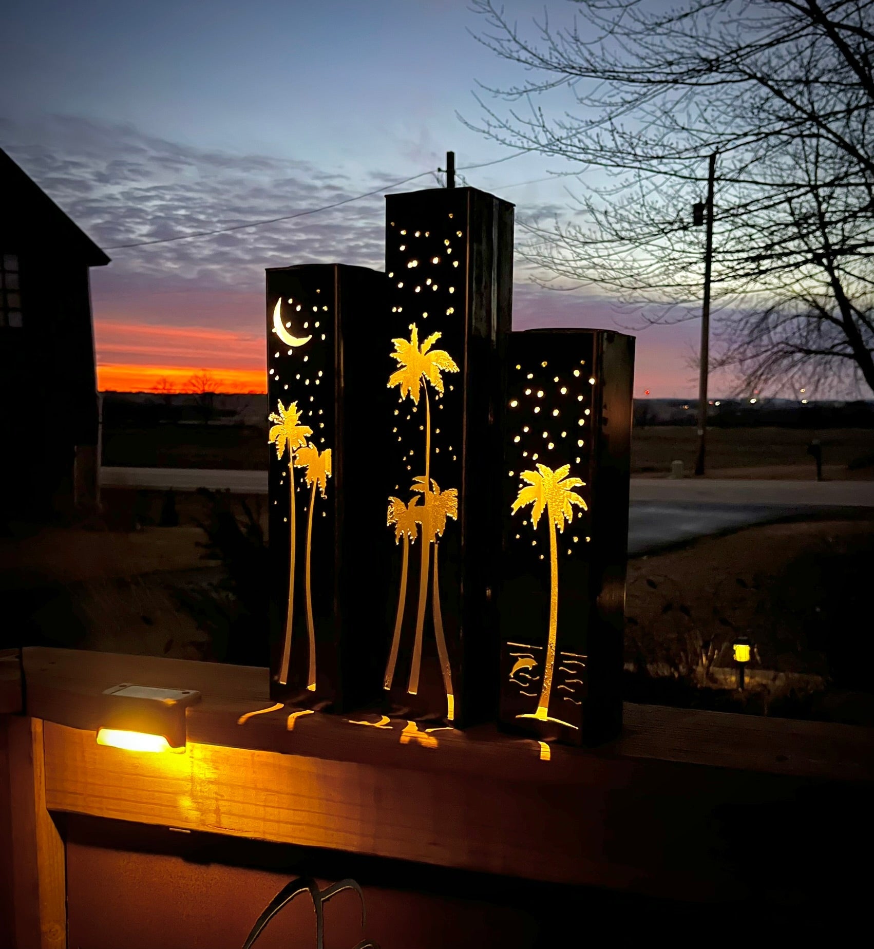 Palm Trees Under the Stars Luminary Pillars w/ Solar Cap | 12-inch, 14-inch, 16-inch