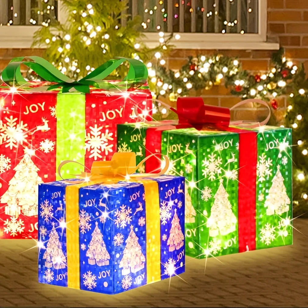 Paper 3-Piece Lighted Christmas Gift Boxes Set