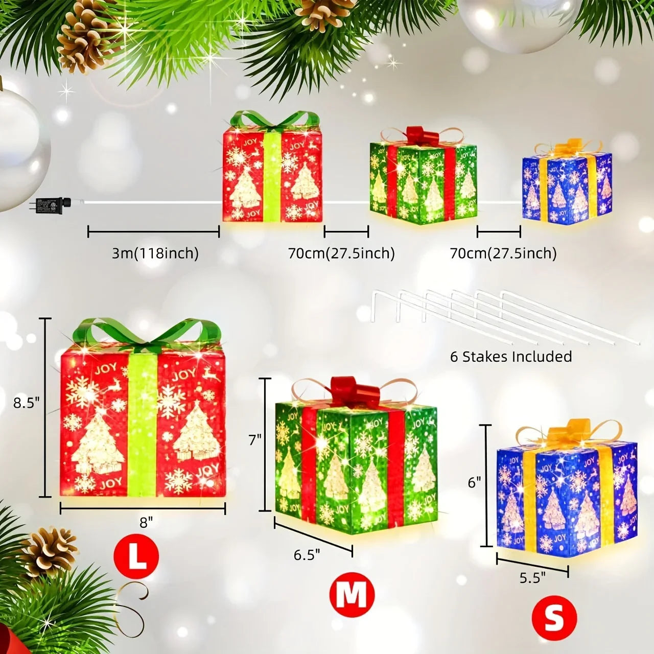 Paper 3-Piece Lighted Christmas Gift Boxes Set