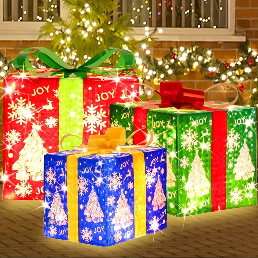 Paper 3-Piece Lighted Christmas Gift Boxes Set