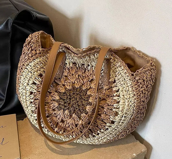 Paper rope hollow out colorful round plate grass woven bag casual beach bag one shoulder fashionable woven bag