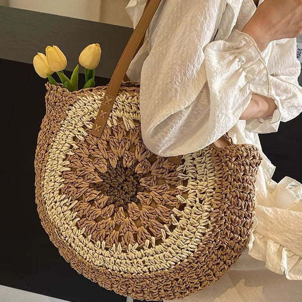 Paper rope hollow out colorful round plate grass woven bag casual beach bag one shoulder fashionable woven bag
