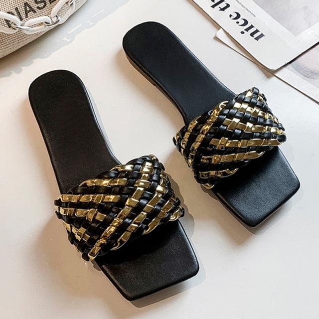 Party Luxury Ladies Slippers Charm Design Open-Toe Beach Flat Sandals Casual Flip Flops Women Shoes Flat Sandals Slip On Slide Sandals Leather Strap Flat Sandals